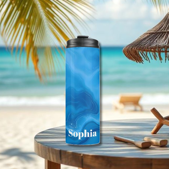 Garrafa Térmica Azul-pedra-lunar (Blue Moonstone-Thermal Tumbler-modern abstract art-water-summer-beach-personalized drinkware, )