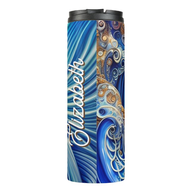 Garrafa Térmica Azul personalizado com Trabalho de arte de ondas d (Verso)