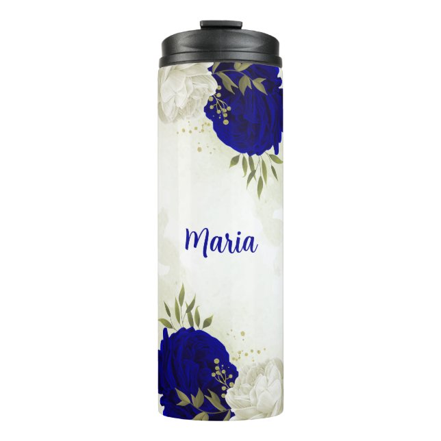 Garrafa Térmica azul real floral verde branco  (Frente)