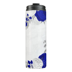 Garrafa Térmica azul real & flores brancas botânico prateado