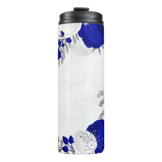 Garrafa Térmica azul real & flores brancas botânico prateado (Frente)