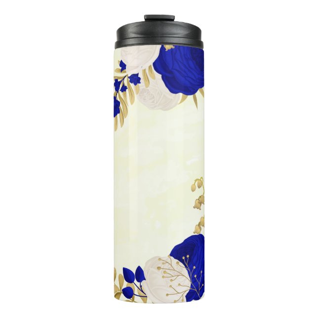 Garrafa Térmica azul real & flores brancas dourado botânico (Frente)
