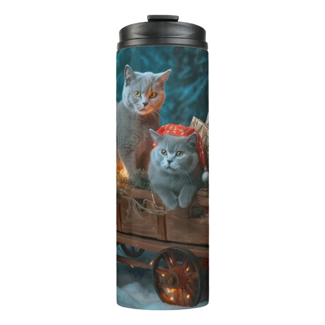 Garrafa Térmica Azul Russo Gato Snowy Sleigh Decência de Natal (Frente)