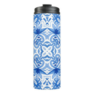 Garrafa Térmica Azulejo branco azul, padrão uniforme de aquarela.