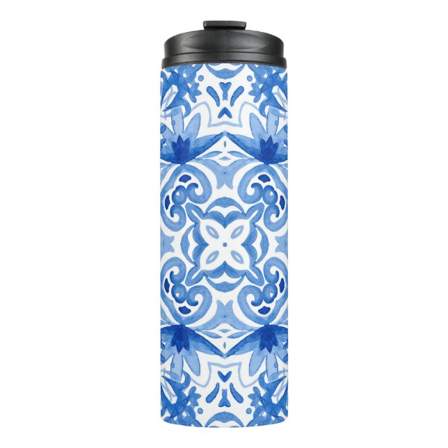 Garrafa Térmica Azulejo branco azul, padrão uniforme de aquarela. (Frente)