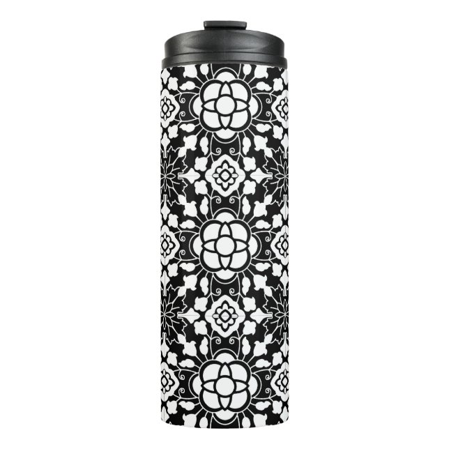Garrafa Térmica Azulejo Floral marroquino, Preto e Branco (Frente)