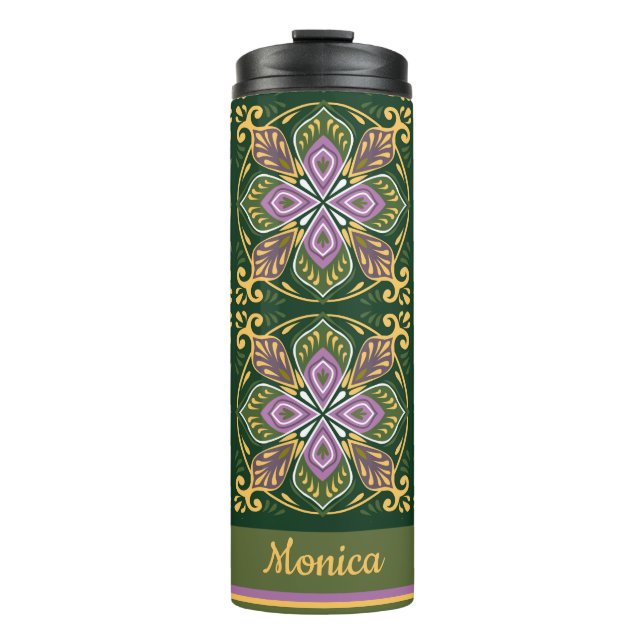Garrafa Térmica Azulejos de oliva e lavanda com nome (Frente)