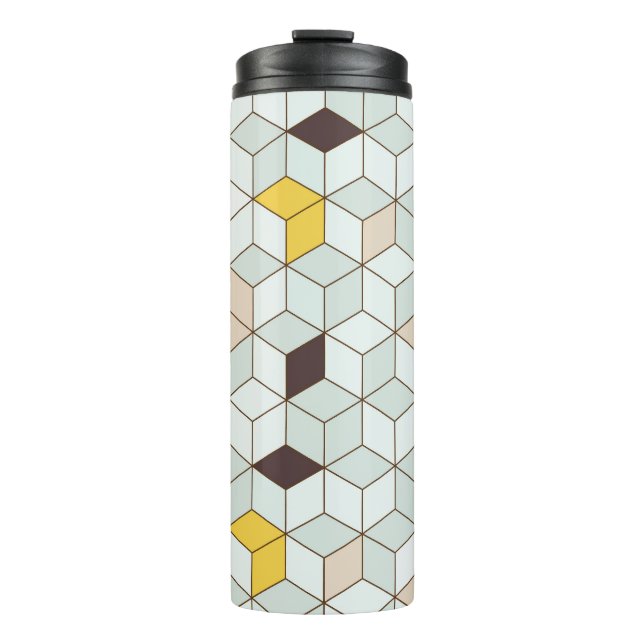 Garrafa Térmica Azulejos, padrão branco preto geométrico. (Frente)