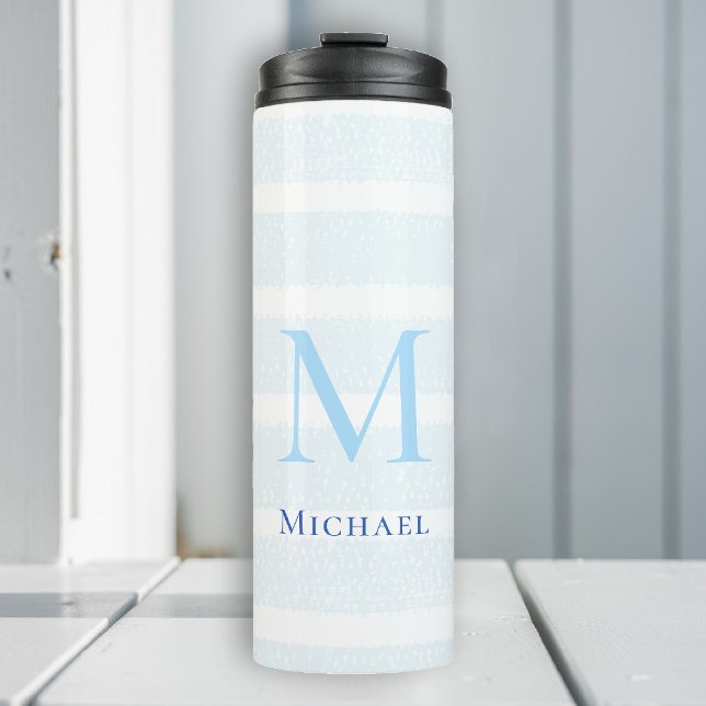 Garrafa Térmica Bandas de Aquarelas de Praia Náuticas Personalizad (beach house tumbler personalized monogram sea blue stripes nautical ocean grandchild baby gift)