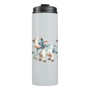 Garrafa Térmica Bebê Vaca Xadrez Azul Estética Pastel Fazenda