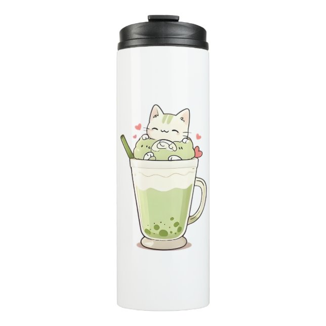 Garrafa Térmica Bebida de Boba Matcha com Design Kawaii de Gato Fo (Frente)