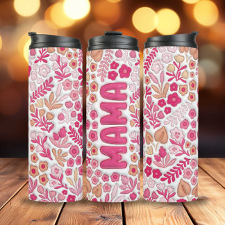 Garrafa Térmica Beige Rosa Boho 3D Inflação Floral 3D Mama