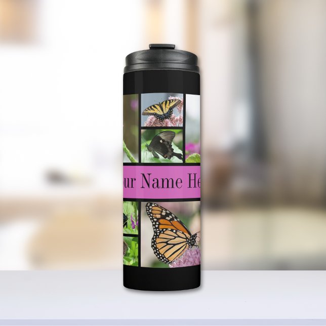 Garrafa Térmica Bela Borboleta e Nome da Família Floral (Pretty butterflies fill this thermal tumbler. Customizable with a name or phrase as well!)