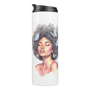 Garrafa Térmica Beleza Afro com Borboletas – Retrato em Aquarela