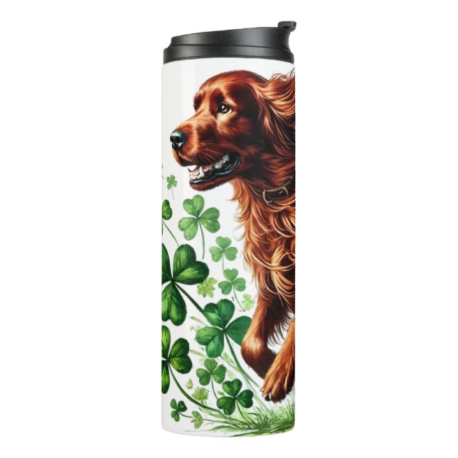 GARRAFA TÉRMICA BELO CACHORRO IRLANDÊS COM SHAMROCKS (Giro à esquerda)