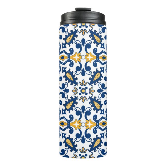 Garrafa Térmica 💙💛 Belos Azulejos azuis e amarelos, (Frente)
