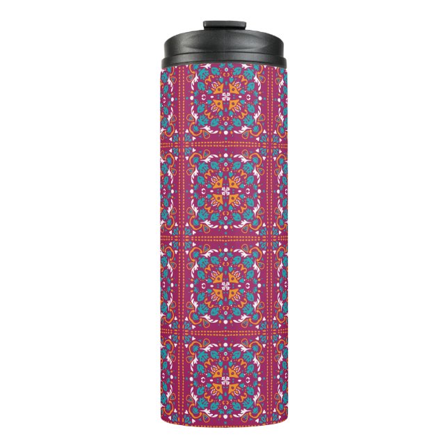 Garrafa Térmica 🤩 Belos Azulejos bordô e turquesa,   (Frente)