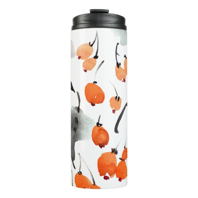 Garrafa Térmica Berries, folhas de aquarela, ilustração com tinta, (Frente)