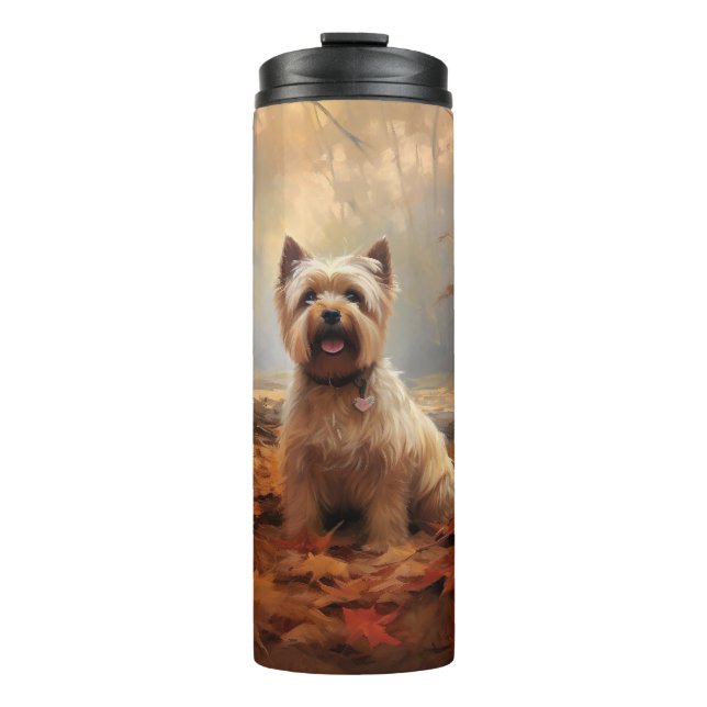 Garrafa Térmica Biewer Terrier nas Folhas de Outono Caem Inspiraçã (Frente)