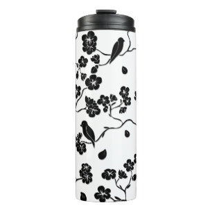 Garrafa Térmica Black and White Pattern Birds on Cherry Blossoms