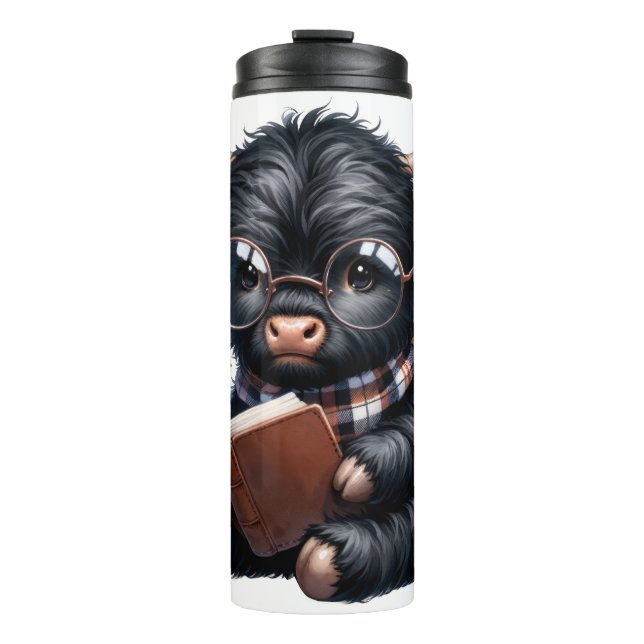 Garrafa Térmica Black Highland Cow Reading A Book (Frente)