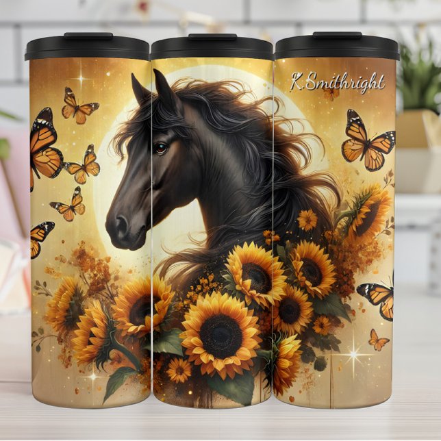 Garrafa Térmica Black Horse Sunflower Butterfly Golden Glow (Criador carregado)