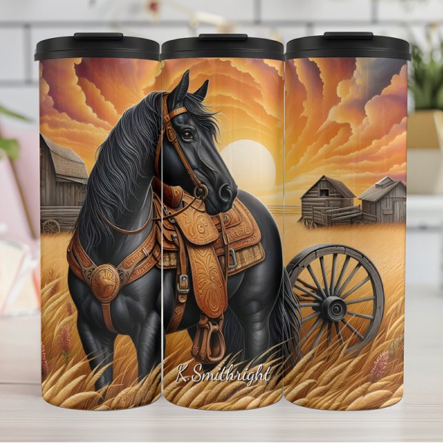 Garrafa Térmica Black Horse Wheat Field Sunset (Criador carregado)