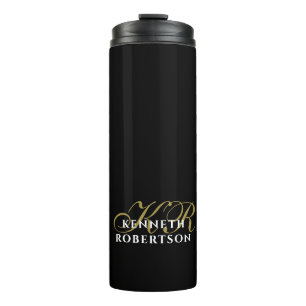 Garrafa Térmica Black Monograma Dourado Branco Minimalista Elegant