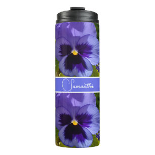 Garrafa Térmica Blue Pansy Flower Floral Patterna Mulher Nome