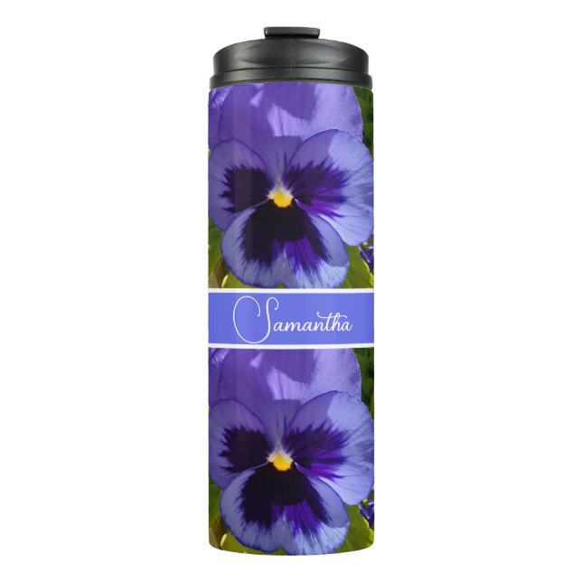 Garrafa Térmica Blue Pansy Flower Floral Patterna Mulher Nome (Frente)
