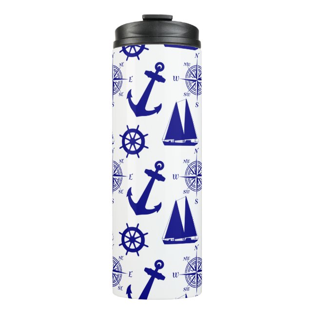 Garrafa Térmica Blue White Nautical Coastal Boating (Frente)