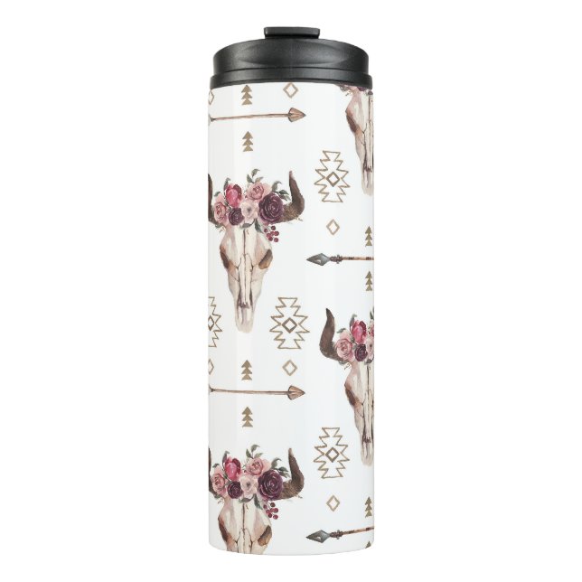 Garrafa Térmica Boho aquarela: setas, padrão do crânio. (Frente)