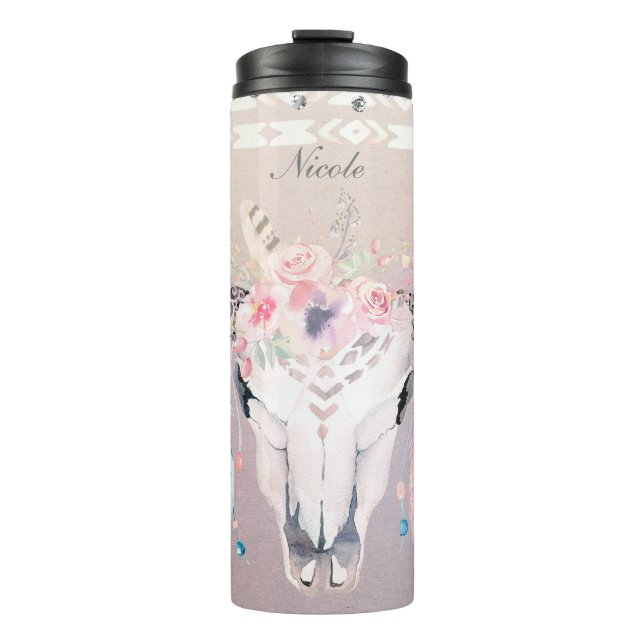 Garrafa Térmica Boho Chic Rustic Cow Skull Floral Bohemian Persona (Frente)