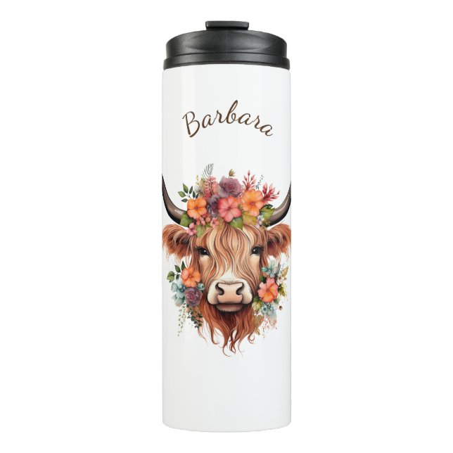 Garrafa Térmica Boho Modern Highland Cow com Flores (Frente)