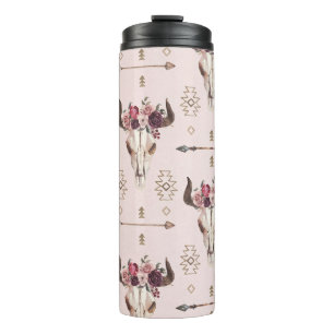 Garrafa Térmica Boho setas e crânio, padrão de aquarela.