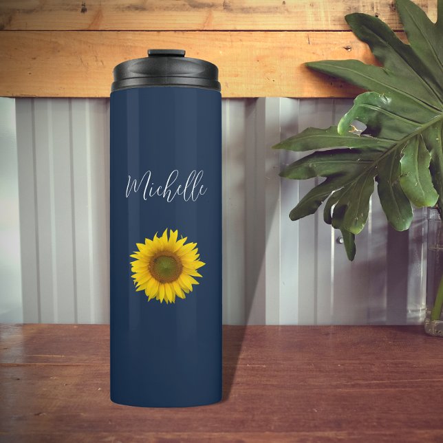 Garrafa Térmica Boho Sunflower Marinho Blue Elegant Personalizado (Criador carregado)