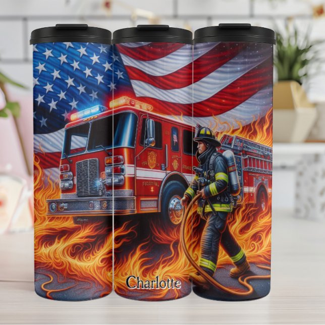 Garrafa Térmica Bombeiro com mangueira e caminhão de incêndio (Criador carregado)