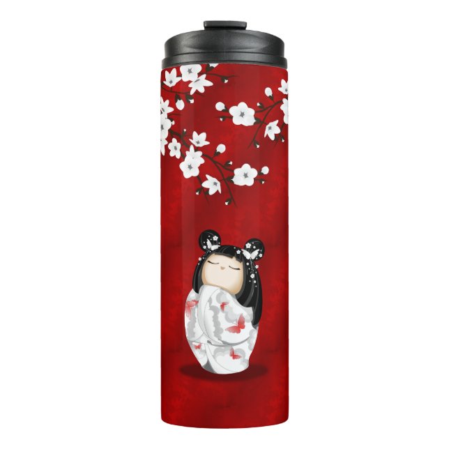 Garrafa Térmica Bonecas Kokeshi Red Black White Cherry Blossoms   (Frente)