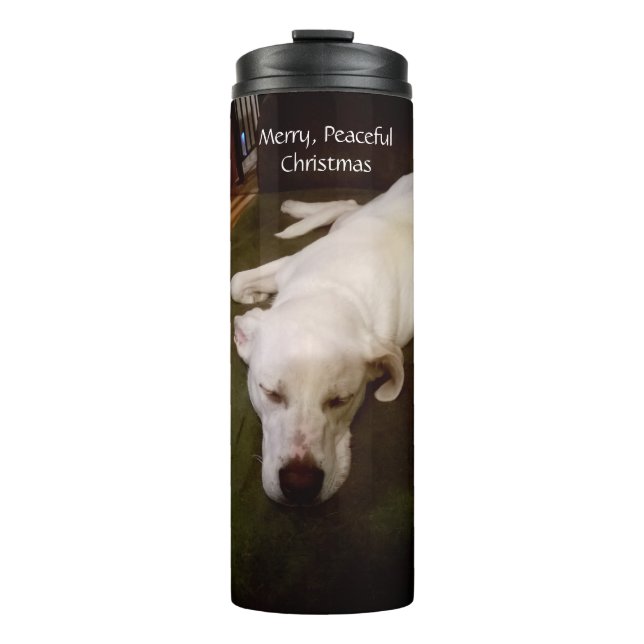 Garrafa Térmica Bonita Feliz de Cães Brancos Dormindo Feliz Natal  (Frente)