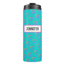 Garrafa Térmica Bonita Girly Turquoise Colorida Coração Nome