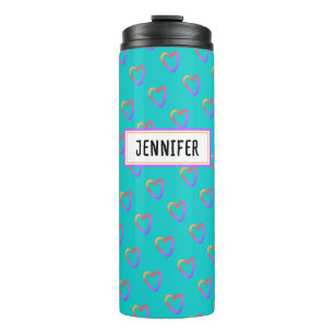 Garrafa Térmica Bonita Girly Turquoise Colorida Coração Nome