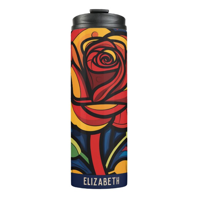 Garrafa Térmica Bonita Rosa Floral Black Thermal Tumbler (Frente)