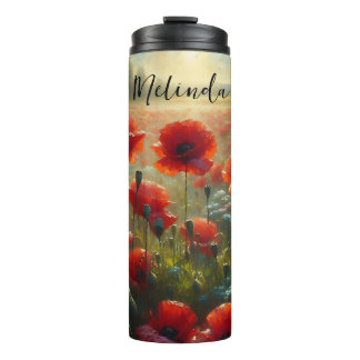 Garrafa Térmica Bonito Campo Vermelho Poppy no Dia de Verão