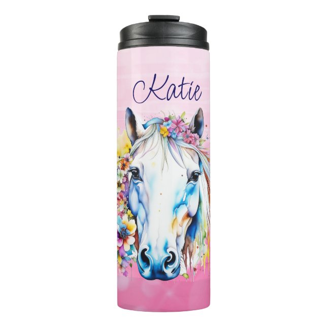 Garrafa Térmica Bonito Cavalo Branco Floral Personalizado (Frente)