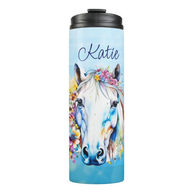 Garrafa Térmica Bonito Cavalo Branco Floral Personalizado (Frente)