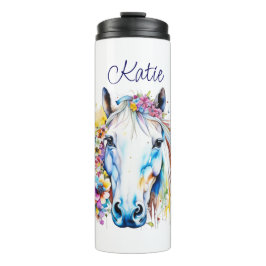 Garrafa Térmica Bonito Cavalo Branco Floral Personalizado
