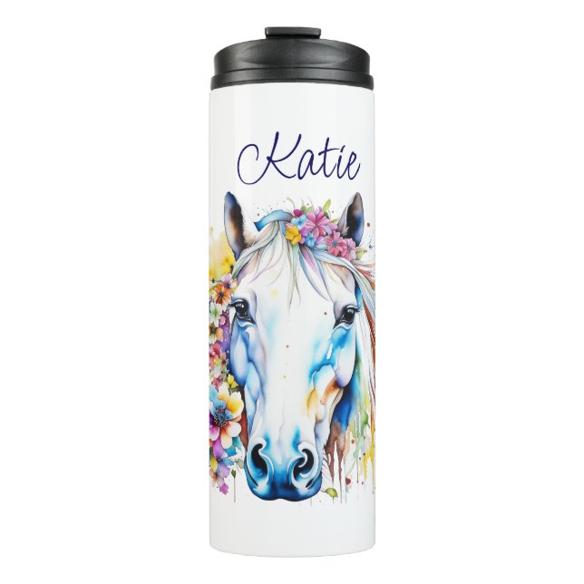 Garrafa Térmica Bonito Cavalo Branco Floral Personalizado (Frente)