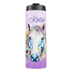 Garrafa Térmica Bonito Cavalo Branco Floral Personalizado