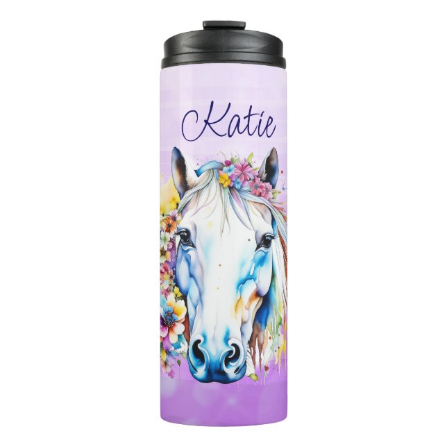 Garrafa Térmica Bonito Cavalo Branco Floral Personalizado (Frente)