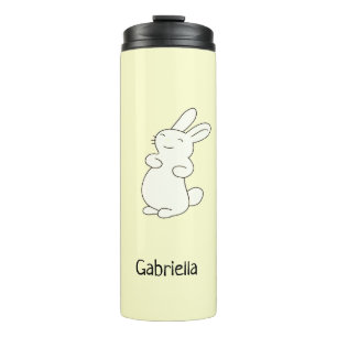 Garrafa Térmica Bonito coelho branco, nome personalizado amarelo